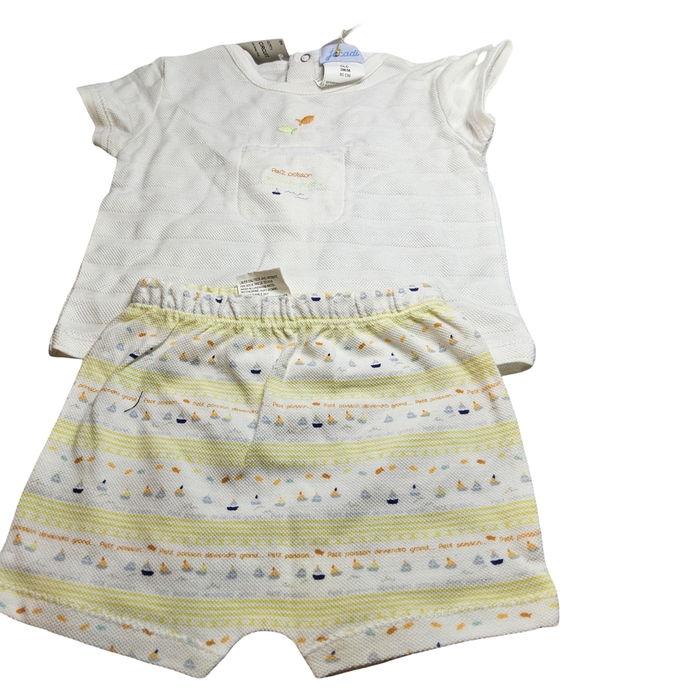 NWOT Jacadi Top and Patterned Shorts Set - Yellow, Navy, Orange